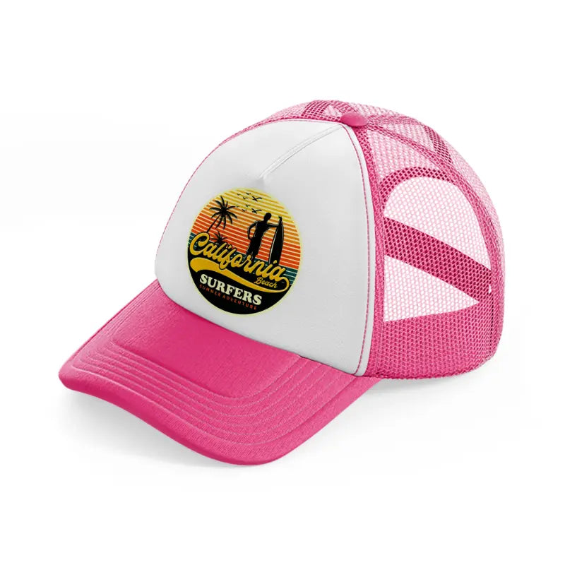 california beach surfers summer adventure-neon-pink-trucker-hat