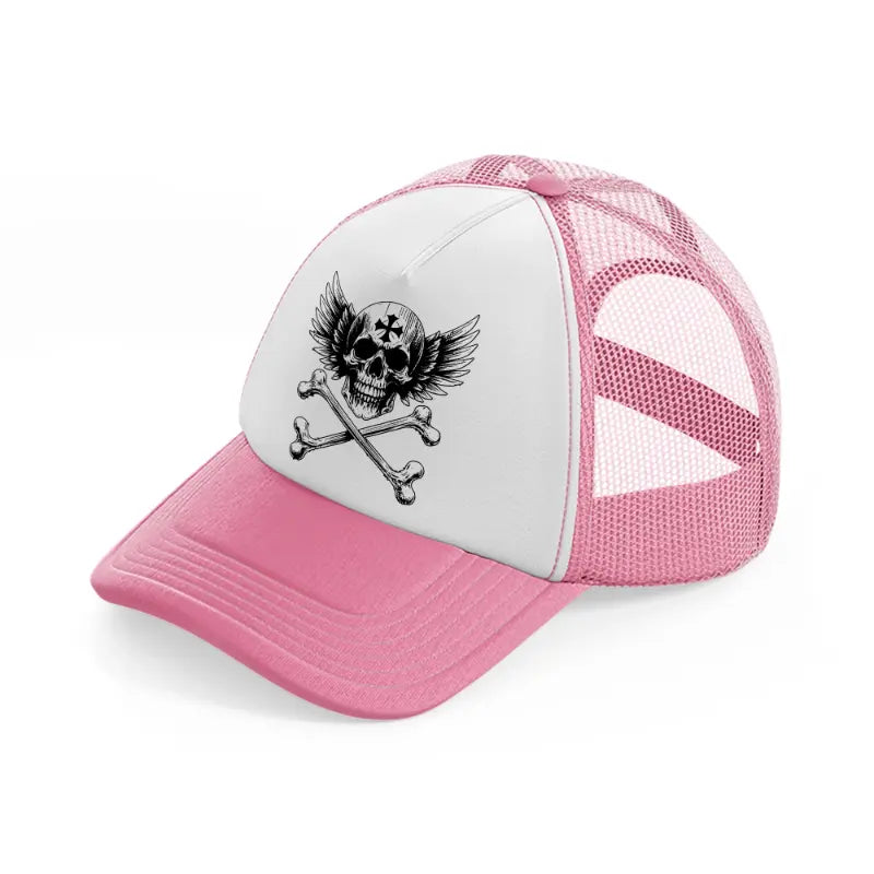 skull cross with wings pink and white trucker hat