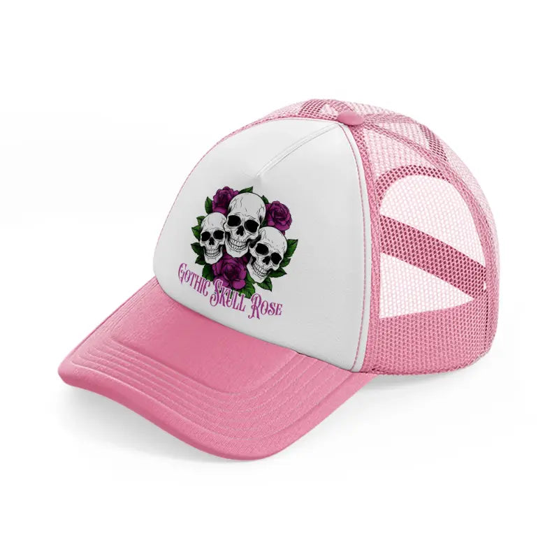 gothic skull rose-pink-and-white-trucker-hat