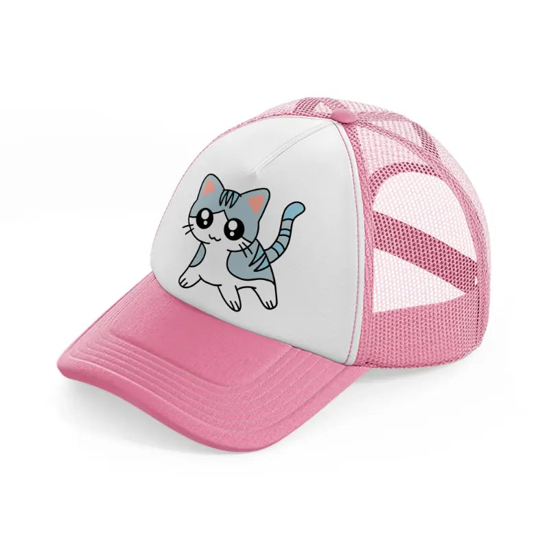 grey kitten pink and white trucker hat