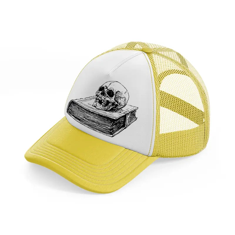 skull in book-yellow-trucker-hat