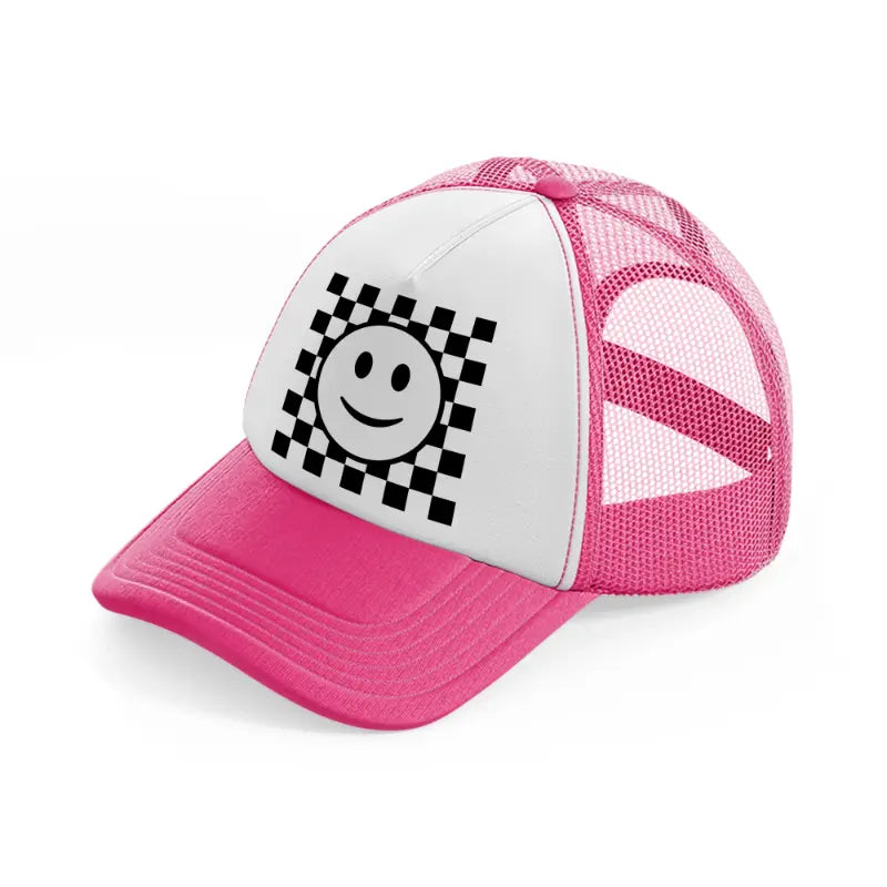 black & white happy face-neon-pink-trucker-hat