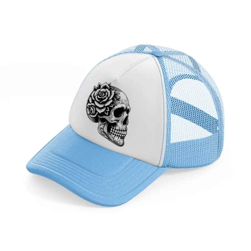 skull head flower side face-sky-blue-trucker-hat