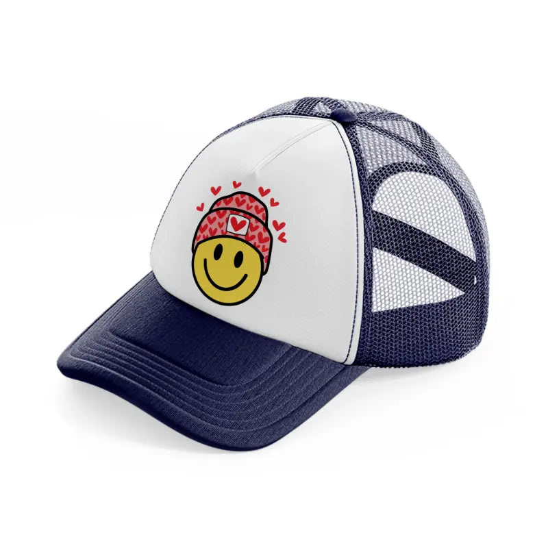 design heart smiley face-navy-blue-and-white-trucker-hat