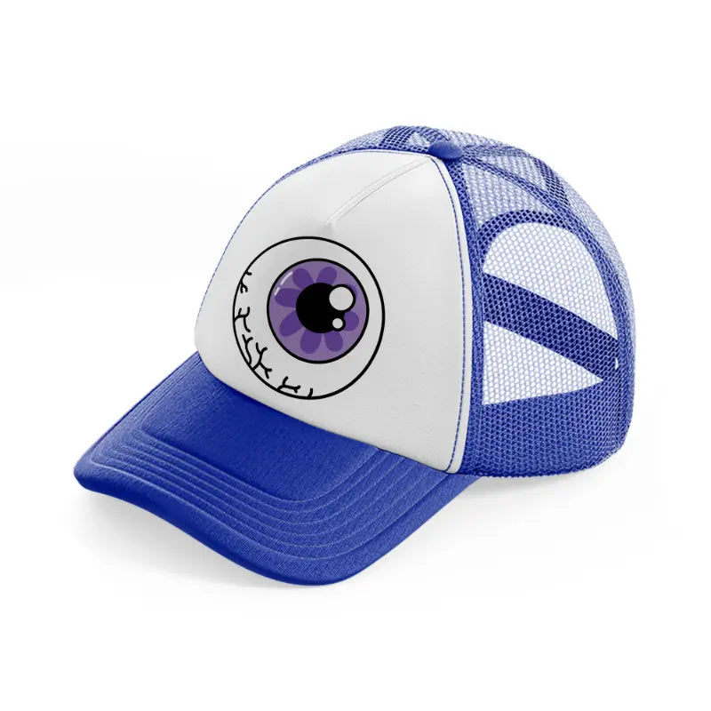 purple eyeball-blue-and-white-trucker-hat