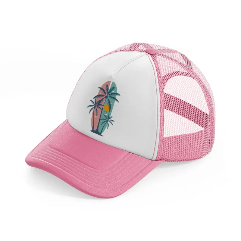 summer palm tree soft color surfing sunset-pink-and-white-trucker-hat