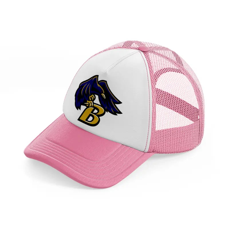 b emblem-pink-and-white-trucker-hat