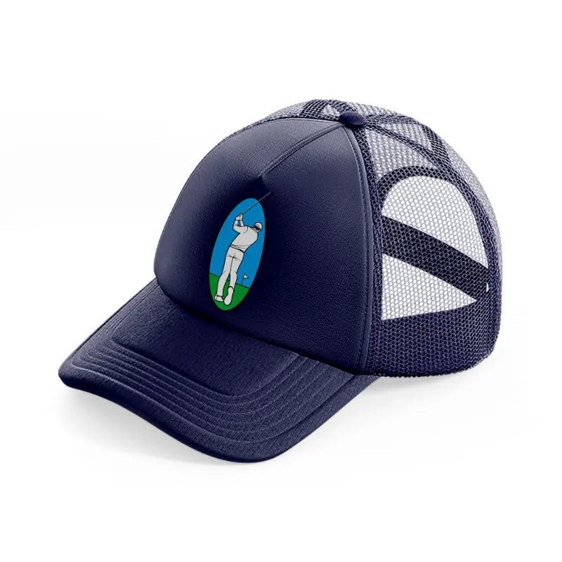 golfer taking shot navy blue trucker hat