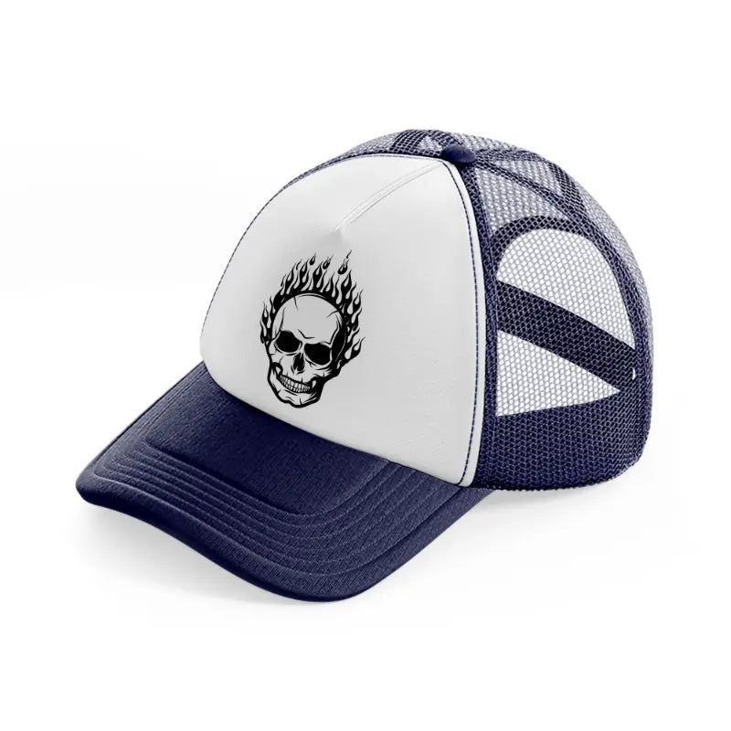 fire skull-navy-blue-and-white-trucker-hat