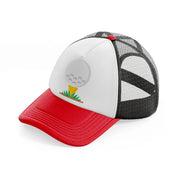 golf ball in grass-red-and-black-trucker-hat
