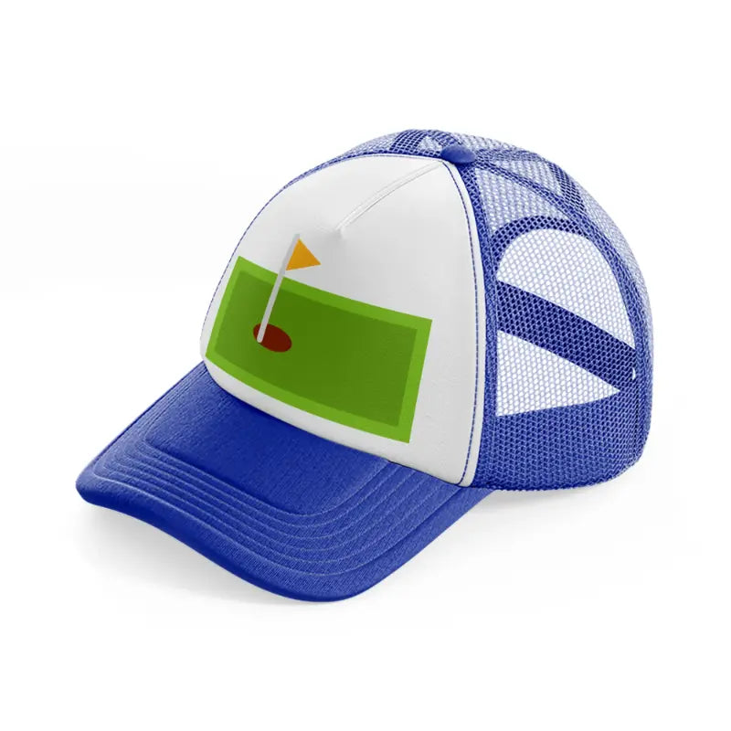 green mini golf field blue and white trucker hat