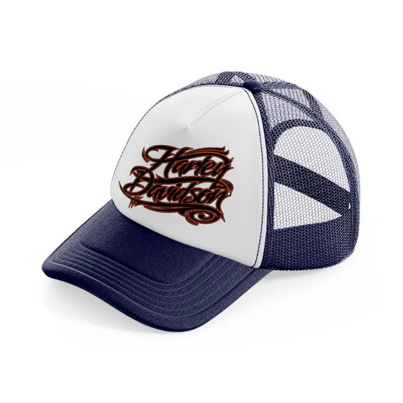 harley davidson fire font navy blue and white trucker hat