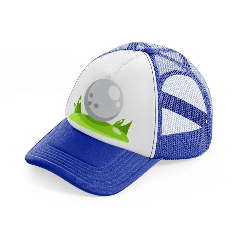 golf ball white blue and white trucker hat