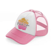 beach life hibiscus flower-pink-and-white-trucker-hat