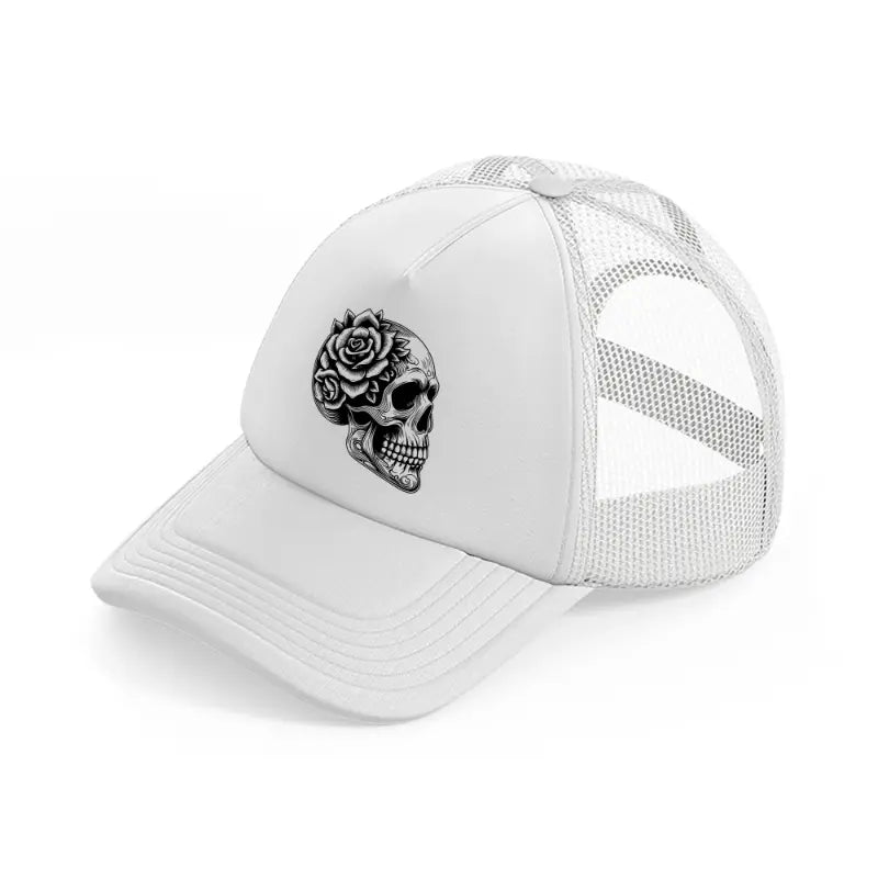 skull head flower side face white trucker hat