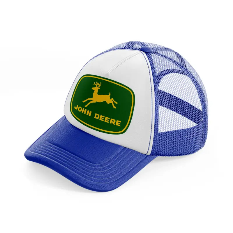 john deere green logo-blue-and-white-trucker-hat