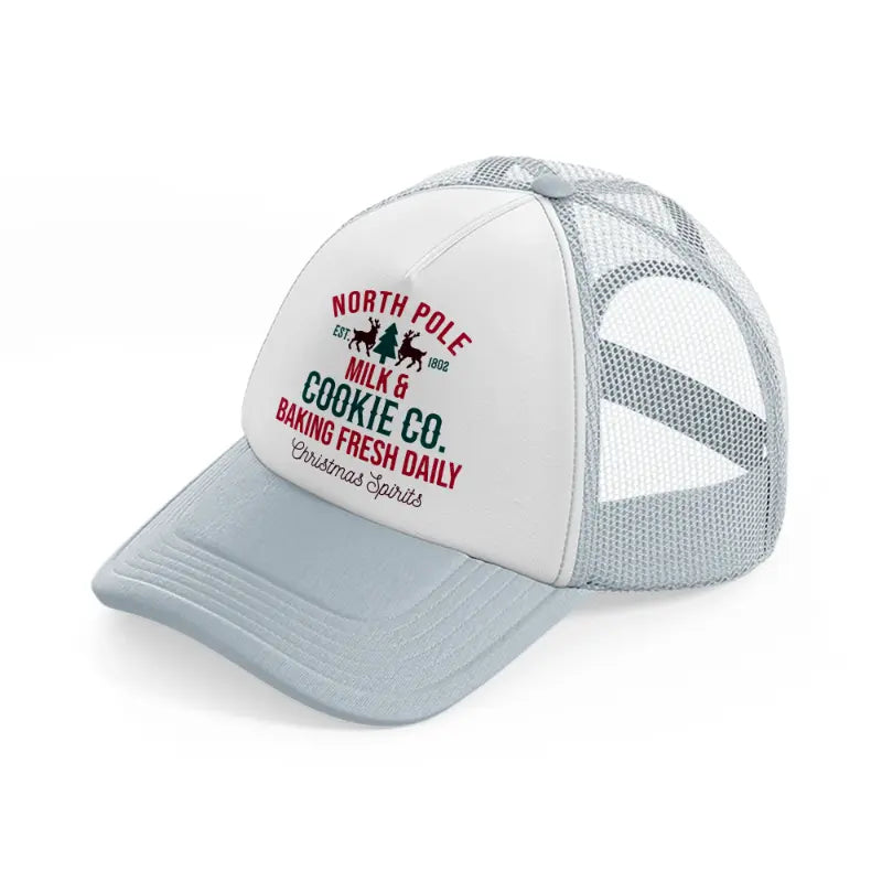 north pole milk & cookie co. baking fresh daily christmas spirits-grey-trucker-hat