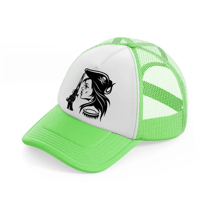 lady with gun-lime-green-trucker-hat
