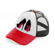 pair of stilettos red and black trucker hat