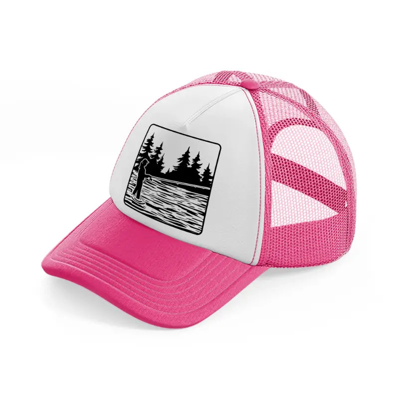 woman fishing at lake neon pink trucker hat