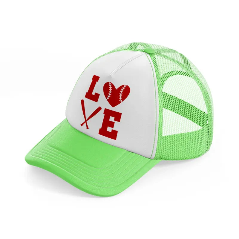 love baseball red lime green trucker hat