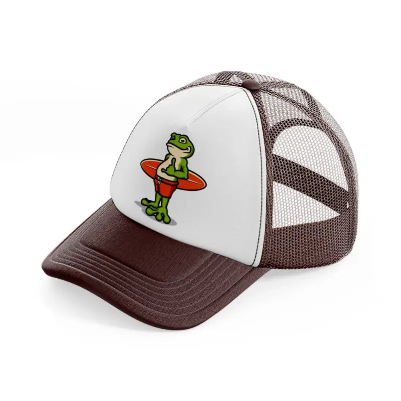 frog holding surf board-brown-trucker-hat
