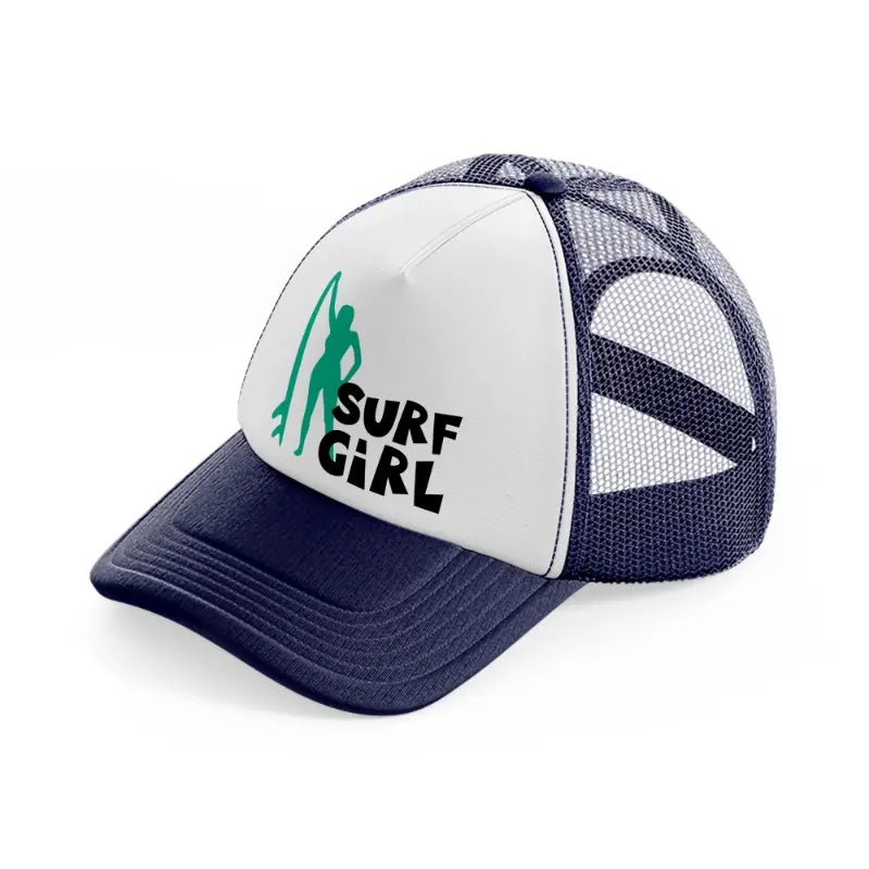 standing surf girl navy blue and white trucker hat