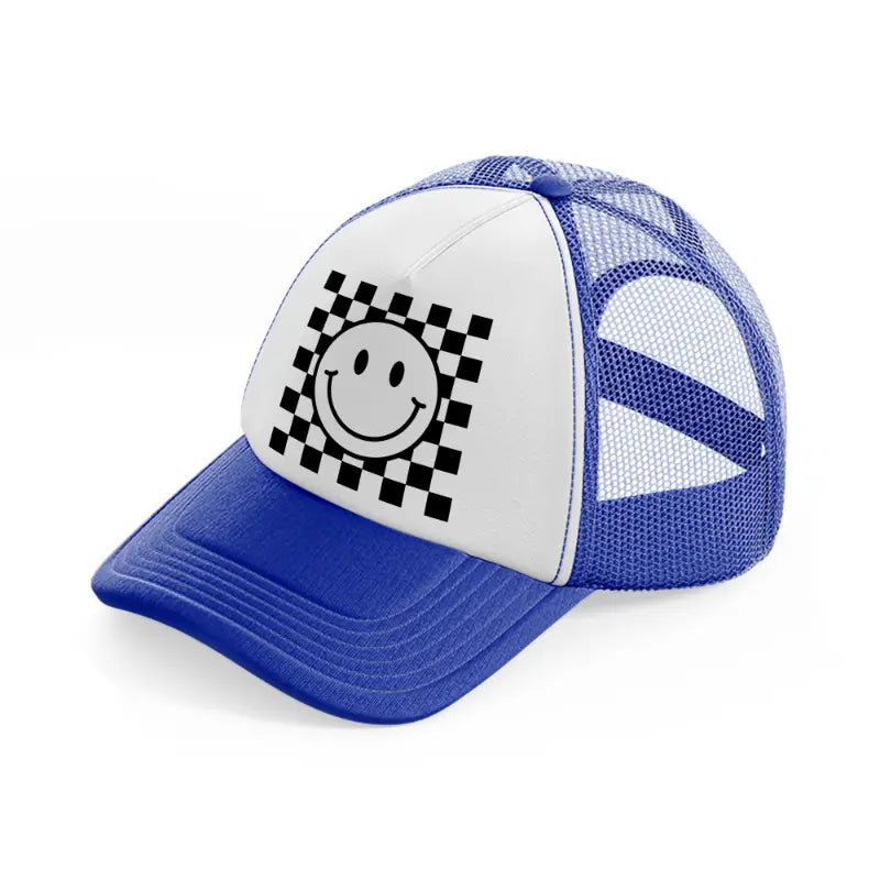 happy face black & white-blue-and-white-trucker-hat