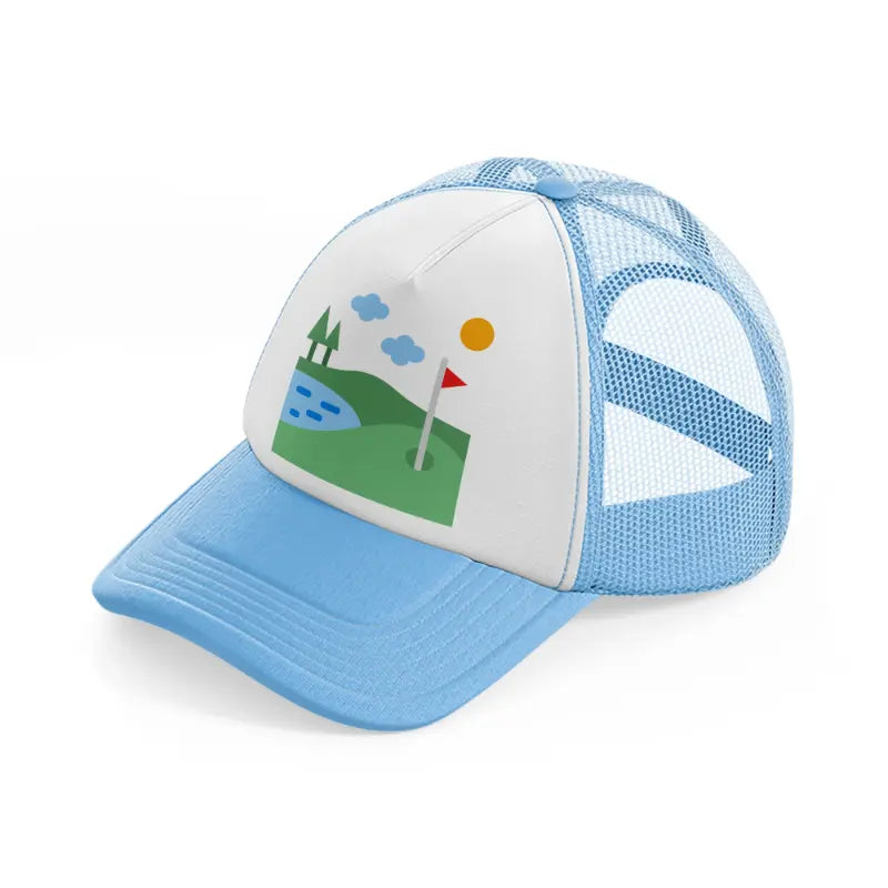 golf field river sky blue trucker hat