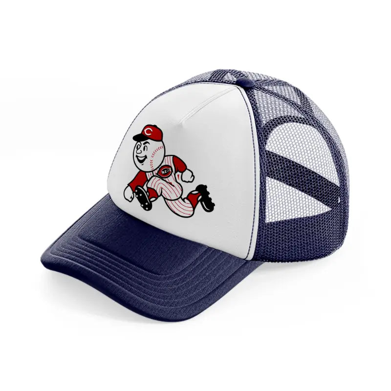 cincinnati reds emblem-navy-blue-and-white-trucker-hat