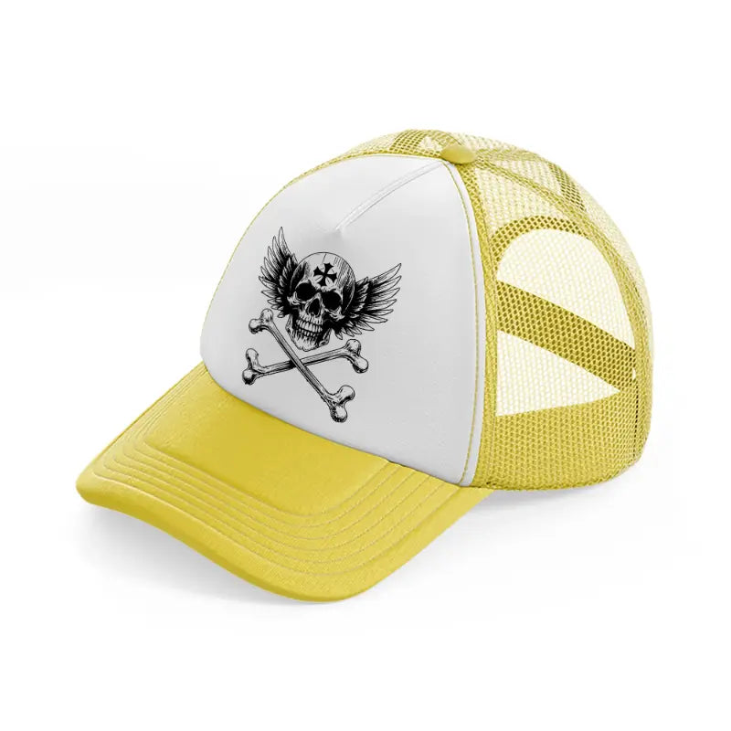 skull cross with wings yellow trucker hat