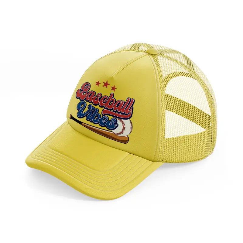 baseball vibes red-gold-trucker-hat