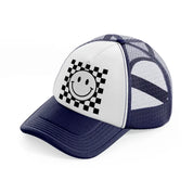 happy face black & white navy blue and white trucker hat