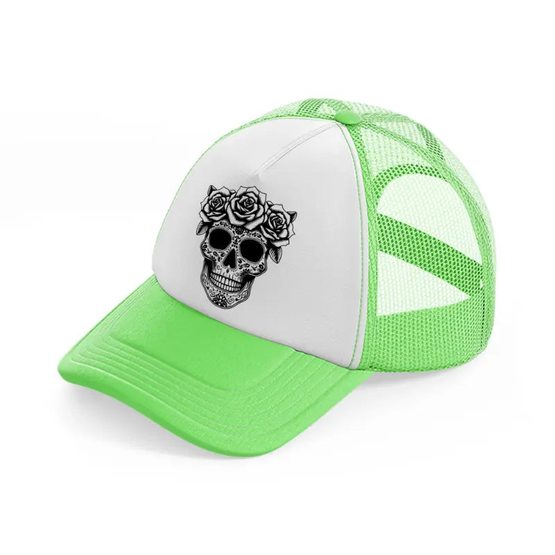 skull head flower  rose-lime-green-trucker-hat