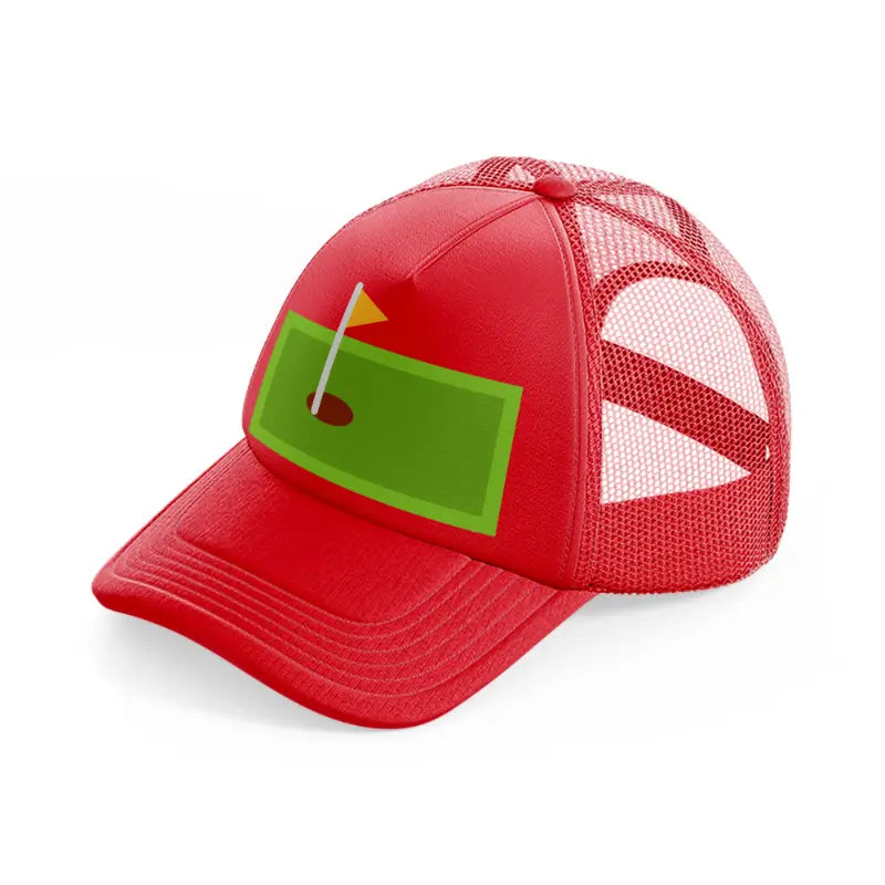 green mini golf field red trucker hat