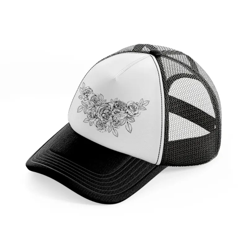 rose tattoo-black-and-white-trucker-hat
