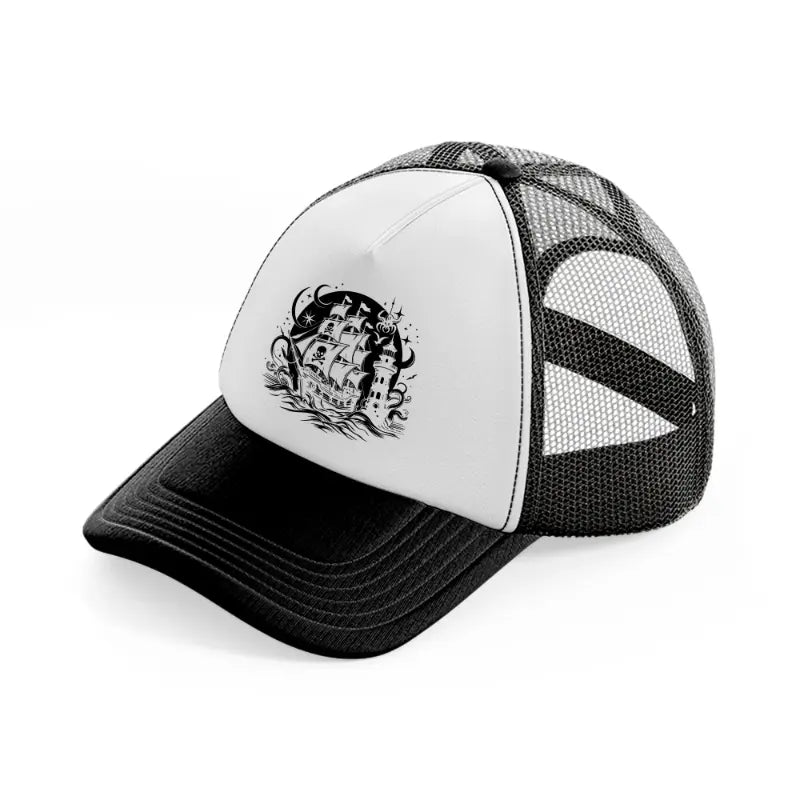 ship sea black and white trucker hat