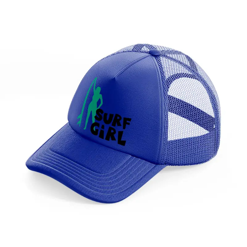 standing surf girl blue trucker hat