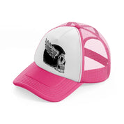 dark skull helmet with wing art-neon-pink-trucker-hat