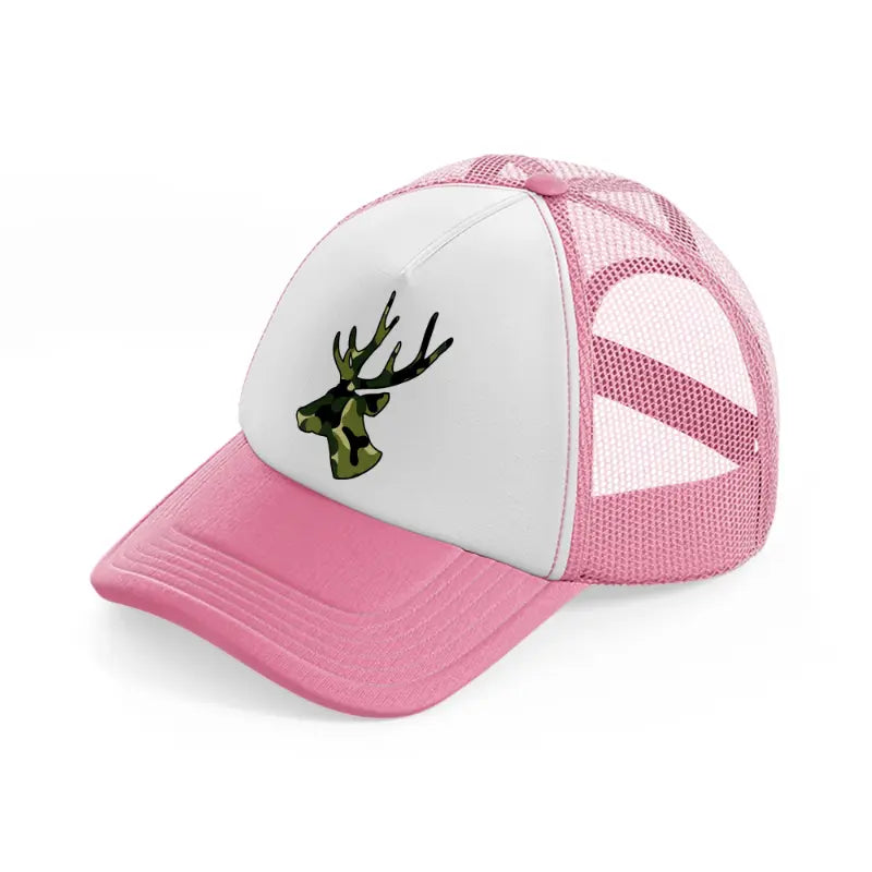 camo deer face-pink-and-white-trucker-hat