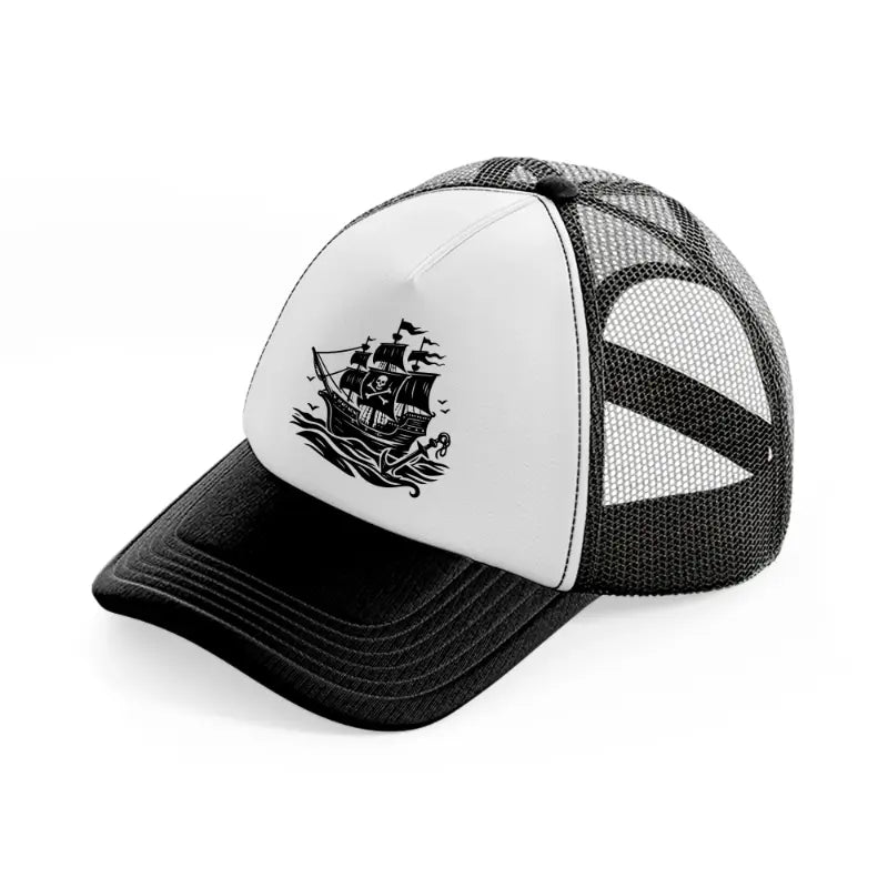 pirate ship-black-and-white-trucker-hat