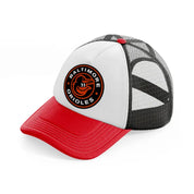 baltimore orioles badge-red-and-black-trucker-hat