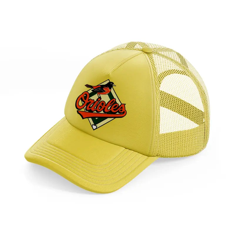 orioles badge gold trucker hat