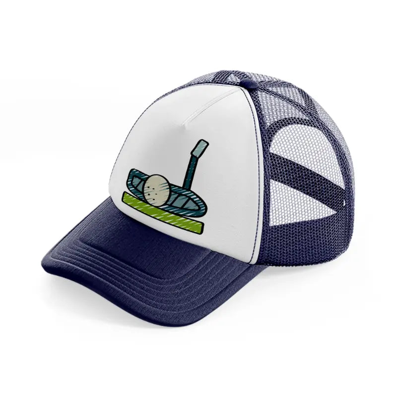 golf ball with stick-navy-blue-and-white-trucker-hat