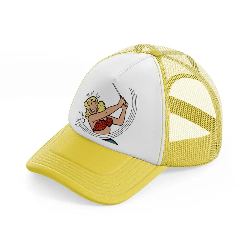 girl golfer-yellow-trucker-hat