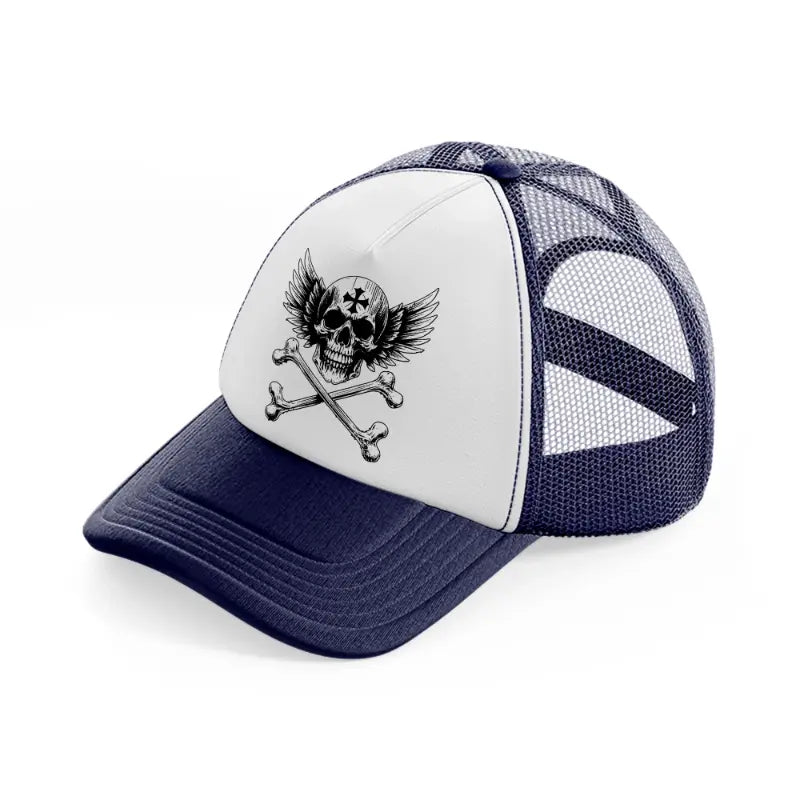 skull cross with wings-navy-blue-and-white-trucker-hat