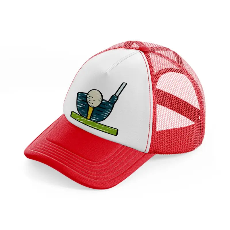 golf ball stick red and white trucker hat