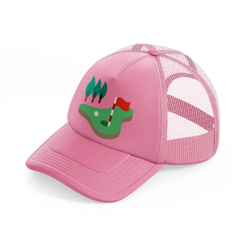 golf field trees pink trucker hat