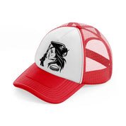 lady with gun red and white trucker hat