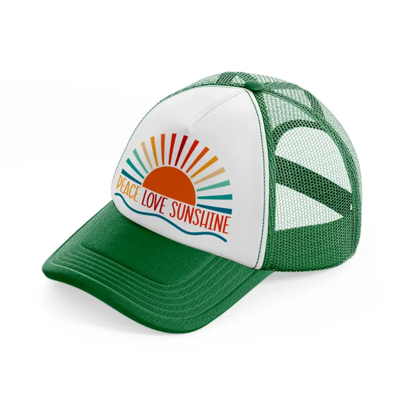 peace love sunshine-green-and-white-trucker-hat